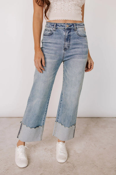 Ampersand Ave Scalloped Hem Cuff Wide Leg Denim