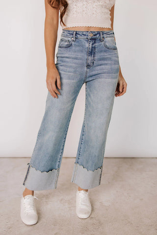 Ampersand Ave Scalloped Hem Cuff Wide Leg Denim