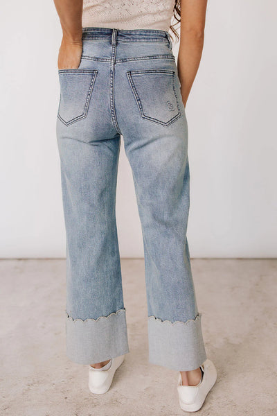 Ampersand Ave Scalloped Hem Cuff Wide Leg Denim