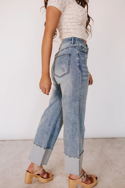 Ampersand Ave Scalloped Hem Cuff Wide Leg Denim