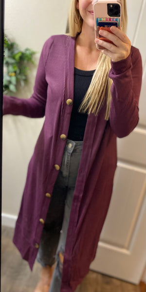 Long Ribbed Button Cardigan