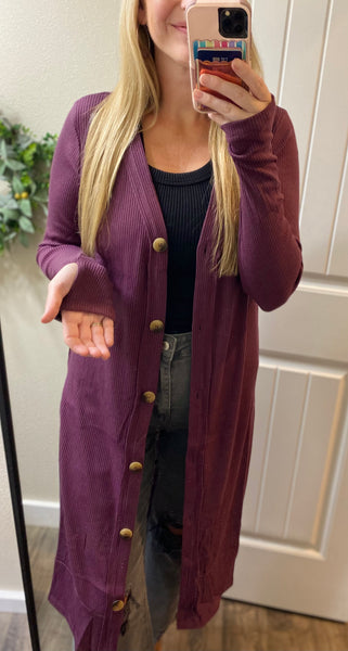 Long Ribbed Button Cardigan