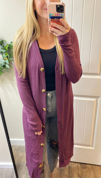 Long Ribbed Button Cardigan
