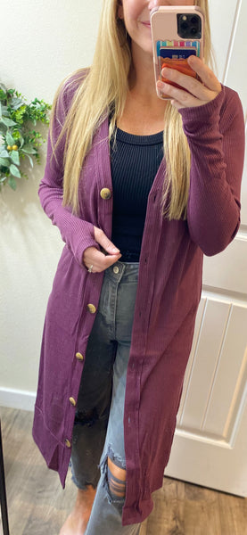 Long Ribbed Button Cardigan