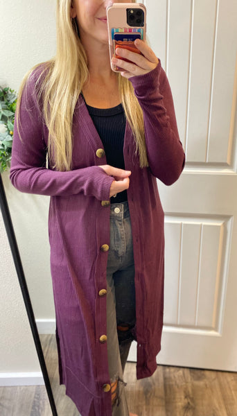 Long Ribbed Button Cardigan