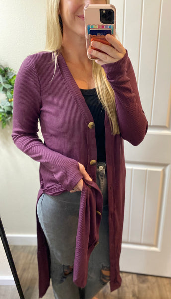 Long Ribbed Button Cardigan