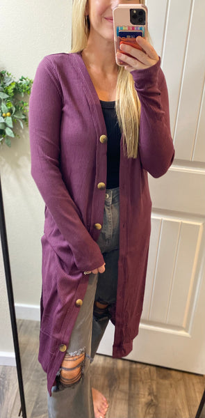 Long Ribbed Button Cardigan
