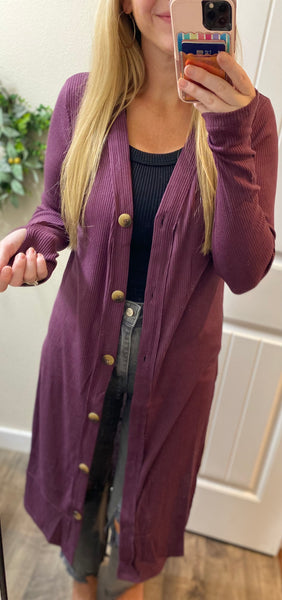 Long Ribbed Button Cardigan