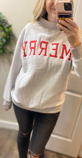 Embroidered Merry Mock Neck Pullover