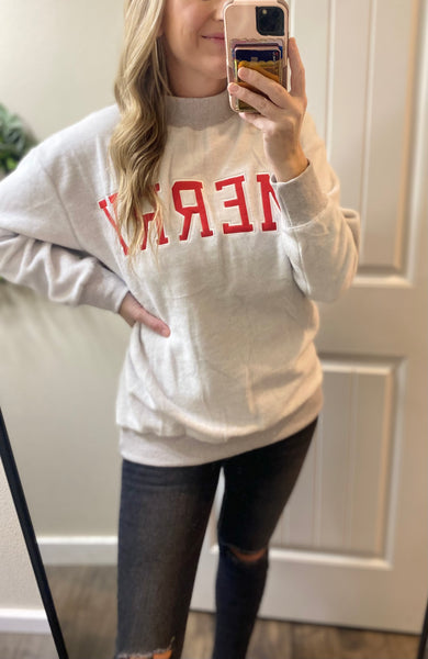 Embroidered Merry Mock Neck Pullover