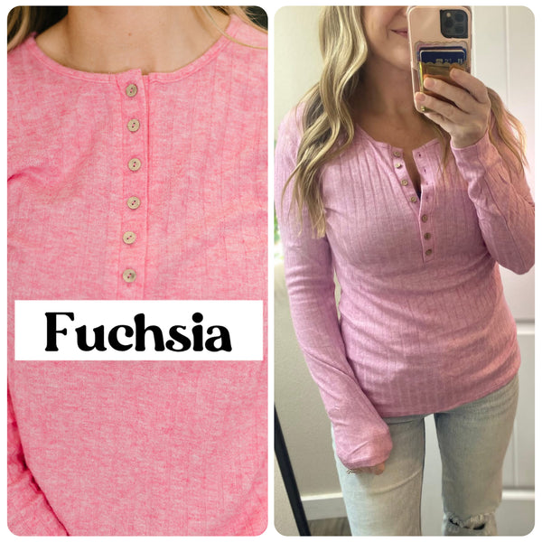 Soft Fuchsia Ribbed Button Long Sleeve