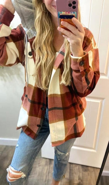 Black/Red Plaid Hooded Fleece Shacket