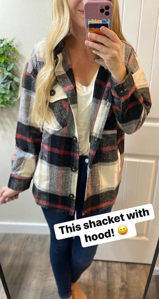 Black/Red Plaid Hooded Fleece Shacket