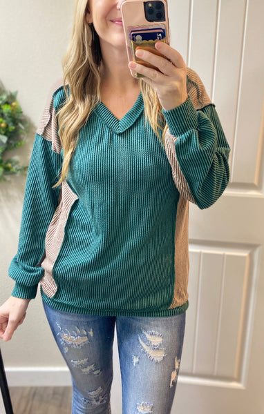Ribbed Hunter Green with Mocha Accents Long Sleeve