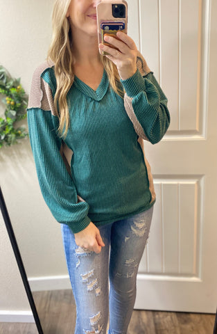 Ribbed Hunter Green with Mocha Accents Long Sleeve