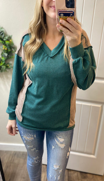 Ribbed Hunter Green with Mocha Accents Long Sleeve