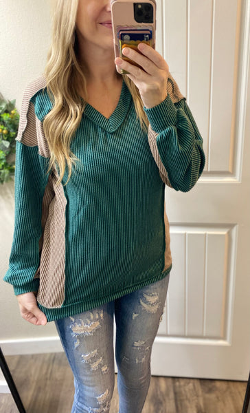 Ribbed Hunter Green with Mocha Accents Long Sleeve