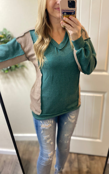 Ribbed Hunter Green with Mocha Accents Long Sleeve