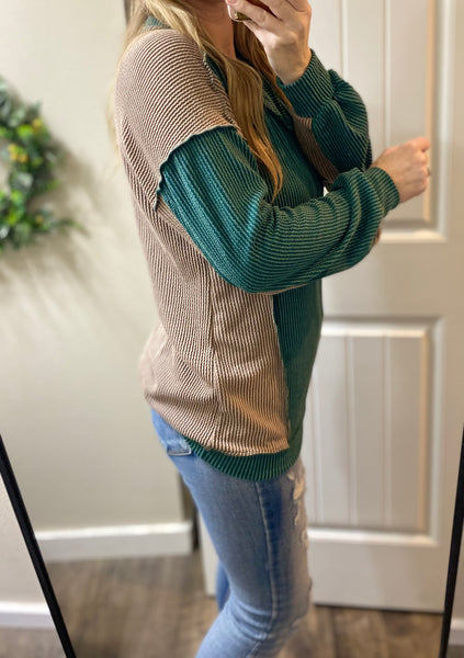Ribbed Hunter Green with Mocha Accents Long Sleeve