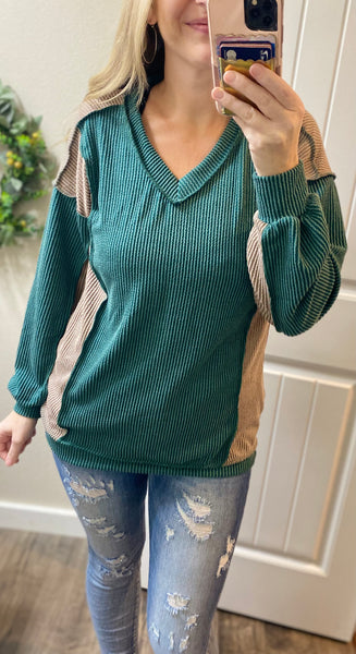 Ribbed Hunter Green with Mocha Accents Long Sleeve