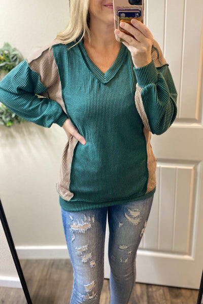 Ribbed Hunter Green with Mocha Accents Long Sleeve