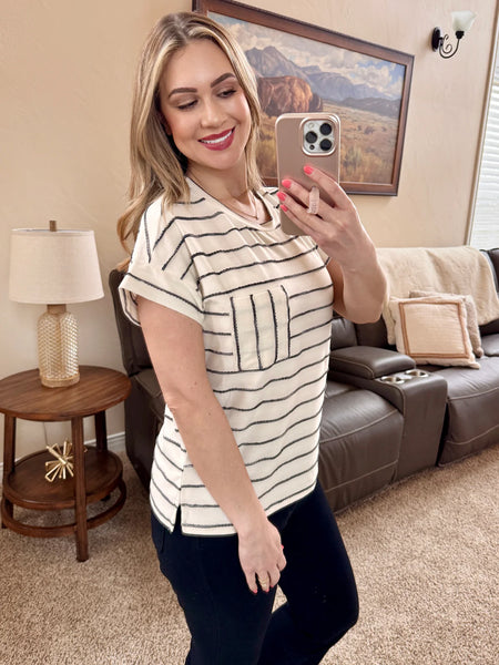 Ivory and Black Striped Ribbon Top