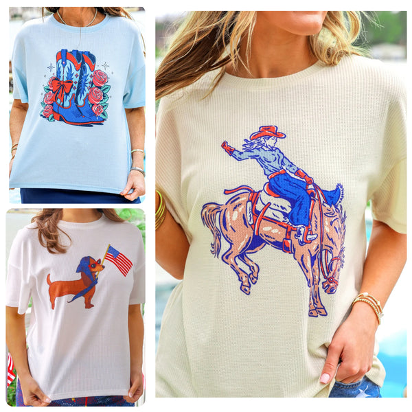 Preorder Jess Lea Patriotic Waffle Tees (Pup, Boots, Rodeo)