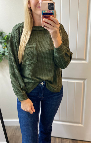 Olive Exposed Seam Waffle Side Slit