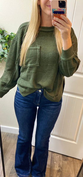 Olive Exposed Seam Waffle Side Slit