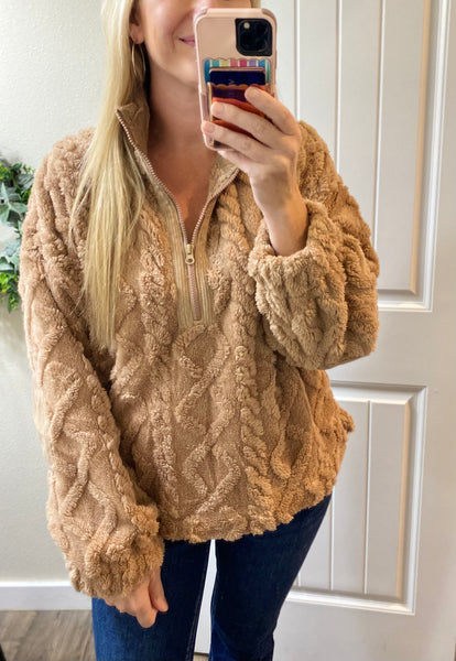 Brown Fuzzy Fleece Cable 1/4 Zip
