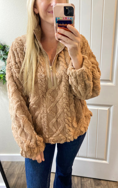 Brown Fuzzy Fleece Cable 1/4 Zip