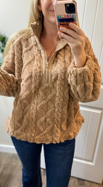 Brown Fuzzy Fleece Cable 1/4 Zip