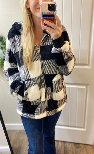 Plaid Sherpa Hooded Jacket