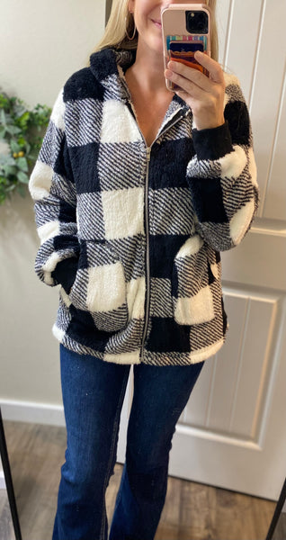 Plaid Sherpa Hooded Jacket