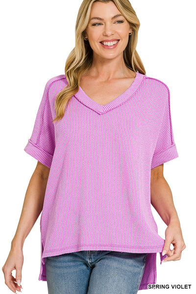 Ribbed V-Neck Hi-Low Short Sleeve Tops