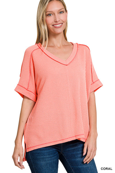 Ribbed V-Neck Hi-Low Short Sleeve Tops