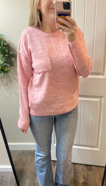 Heathered Pink Melange Hi-low Hem Round Neck Sweater