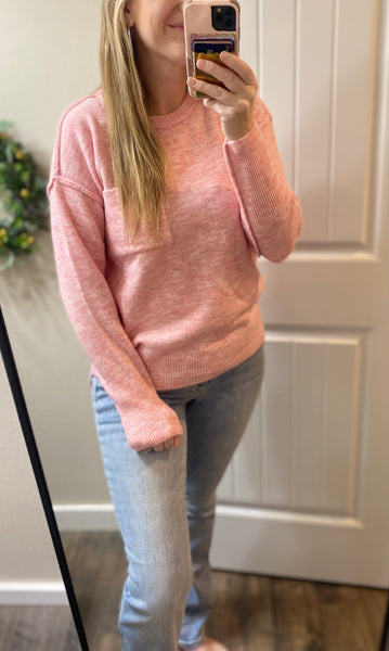 Heathered Pink Melange Hi-low Hem Round Neck Sweater