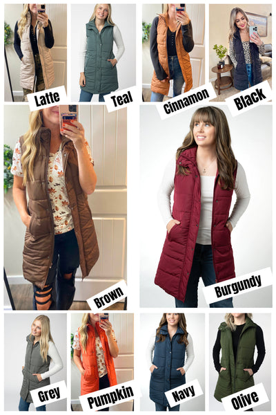 MM Long Vests (Burgundy, Grey, Navy, Teal, Brown, Olive, Pumpkin, Black, Cinnamon, Latte)