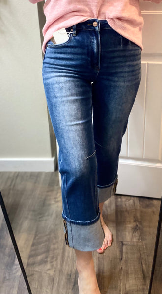 RISEN Darkwash Straight Jeans with Distressed Hem