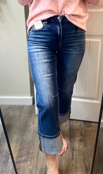 RISEN Darkwash Straight Jeans with Distressed Hem