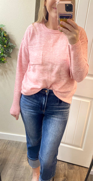 Heathered Pink Melange Hi-low Hem Round Neck Sweater