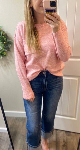 Heathered Pink Melange Hi-low Hem Round Neck Sweater