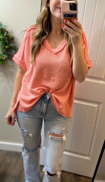 Ribbed V-Neck Hi-Low Short Sleeve Tops
