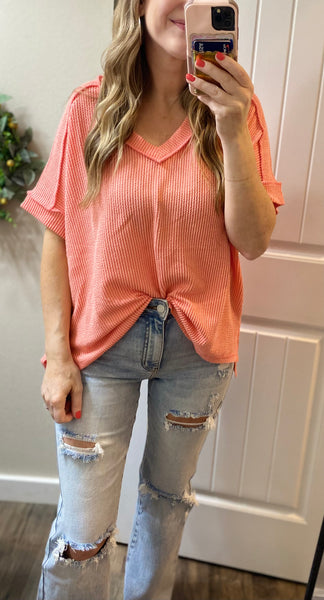 Ribbed V-Neck Hi-Low Short Sleeve Tops