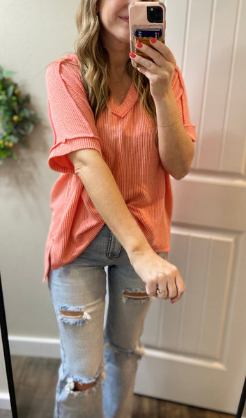Ribbed V-Neck Hi-Low Short Sleeve Tops