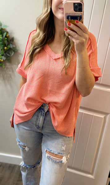 Ribbed V-Neck Hi-Low Short Sleeve Tops