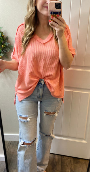 Ribbed V-Neck Hi-Low Short Sleeve Tops