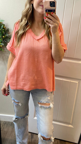 Ribbed V-Neck Hi-Low Short Sleeve Tops