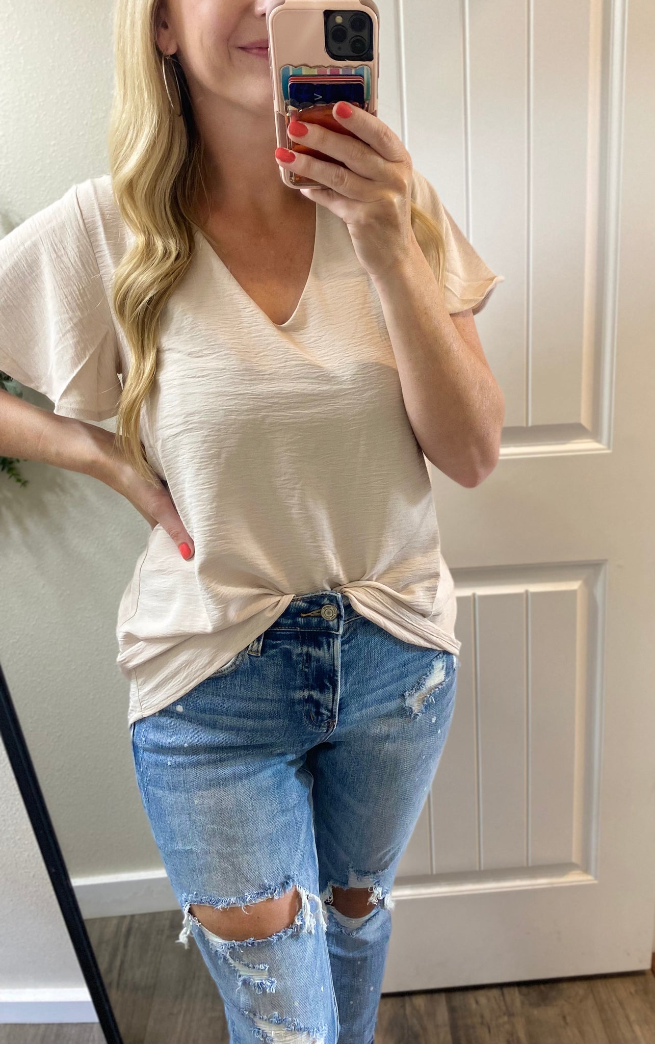 Sale! Beige Woven Flutter Short Sleeve Blouse